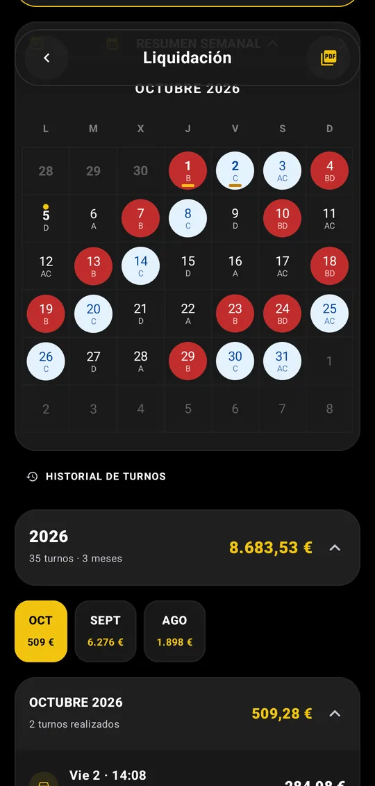 Calendario del mes con los días de descanso y de aeropuerto marcados por colores