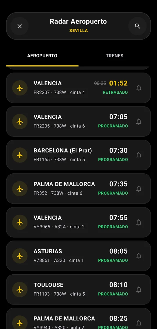 Radar de llegadas de vuelos al aeropuerto de Sevilla con origen, avión y cinta